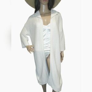 Fuzzi, Italian White Ribbed Open-Front Long Cardigan, XS. 100% Cotton.